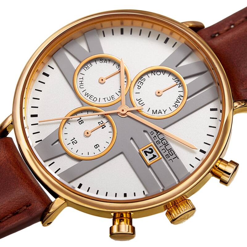 August Steiner Men's Swiss Quartz Multifunction Dual-Time Leather Gold-Tone Strap Watch