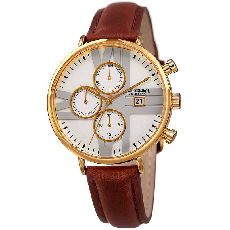 August Steiner Men's Swiss Quartz Multifunction Dual-Time Leather Gold-Tone Strap Watch