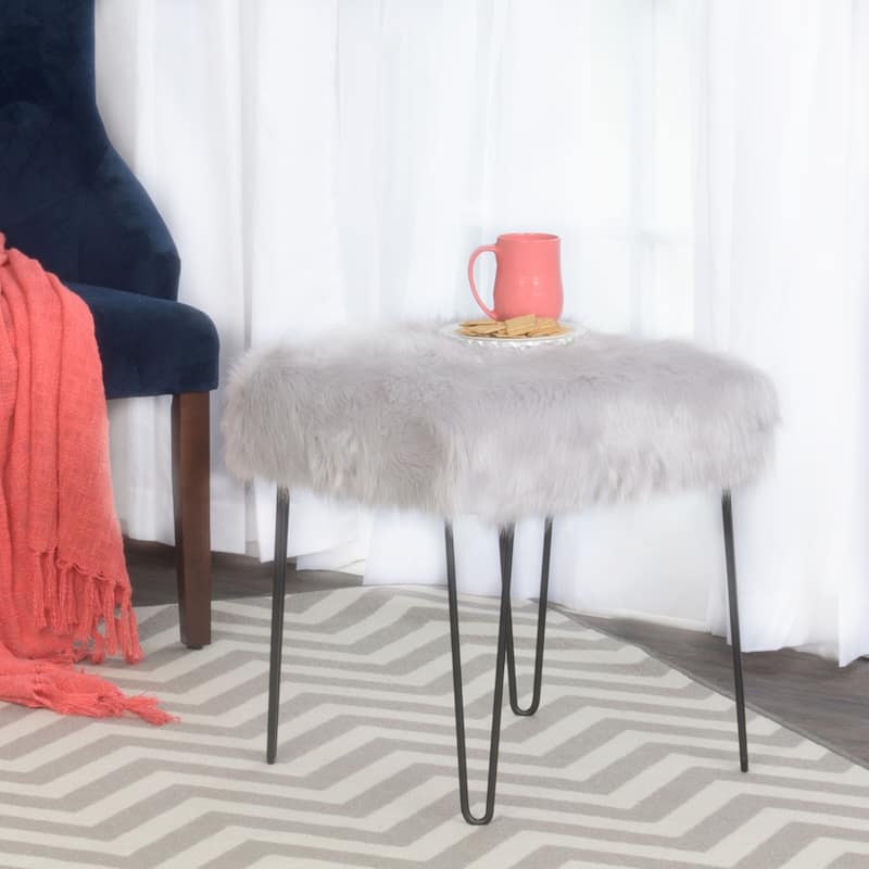HomePop Synthetic Fur Gray Square Stool Metal Hairpin Legs
