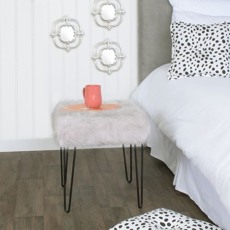 HomePop Synthetic Fur Gray Square Stool Metal Hairpin Legs