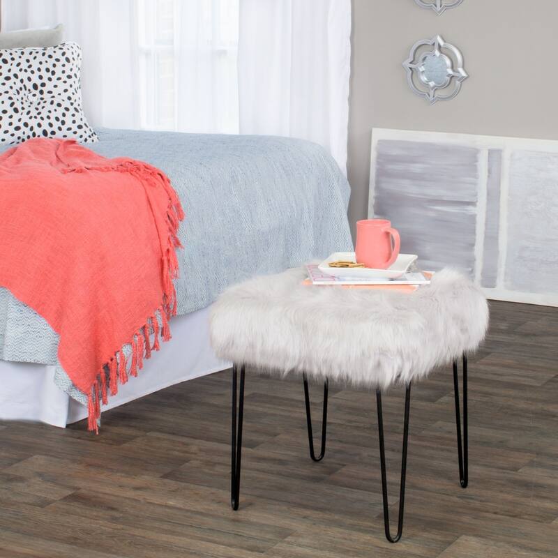 HomePop Synthetic Fur Gray Square Stool Metal Hairpin Legs