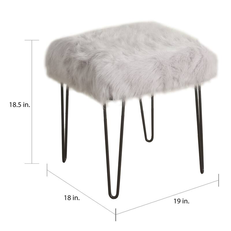 HomePop Synthetic Fur Gray Square Stool Metal Hairpin Legs