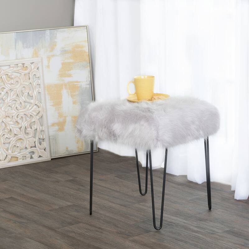 HomePop Synthetic Fur Gray Square Stool Metal Hairpin Legs