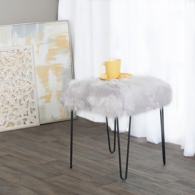 HomePop Synthetic Fur Gray Square Stool Metal Hairpin Legs