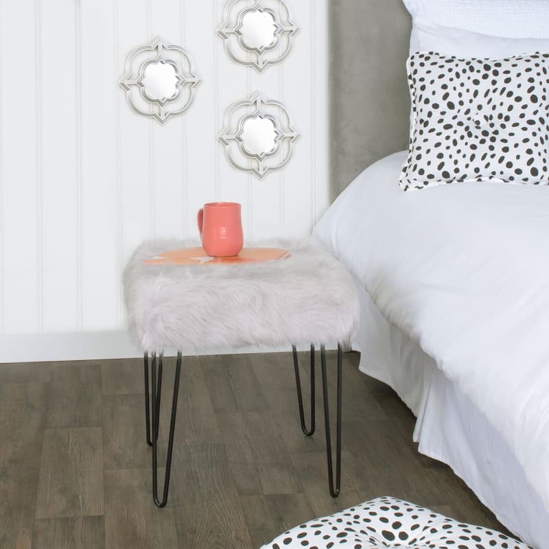 HomePop Synthetic Fur Gray Square Stool Metal Hairpin Legs