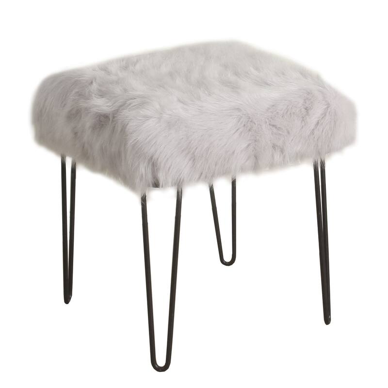 HomePop Synthetic Fur Gray Square Stool Metal Hairpin Legs