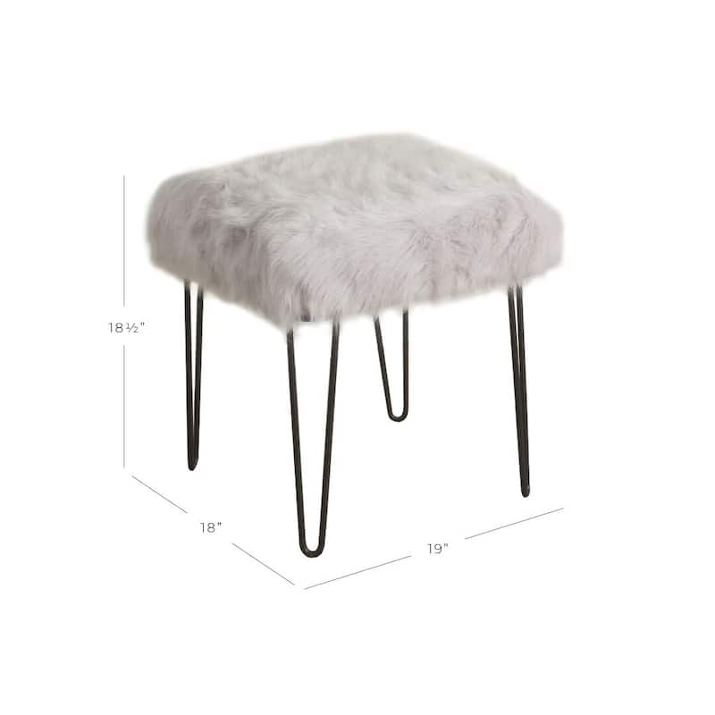 HomePop Synthetic Fur Gray Square Stool Metal Hairpin Legs