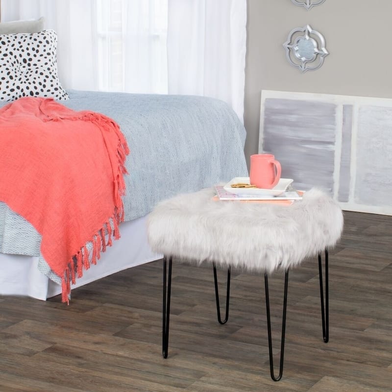 HomePop Synthetic Fur Gray Square Stool Metal Hairpin Legs