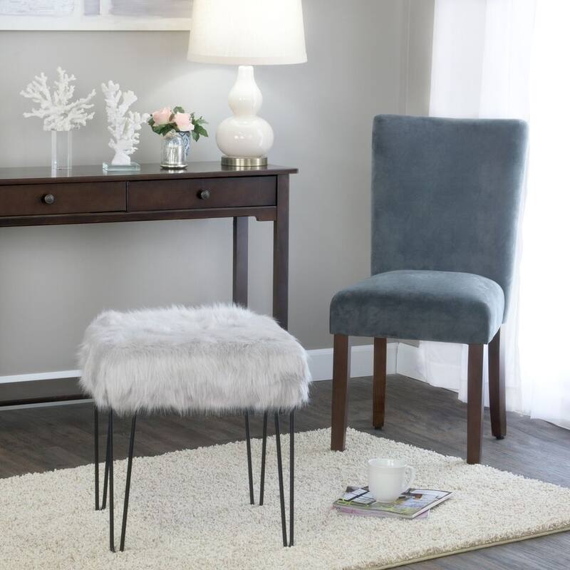 HomePop Synthetic Fur Gray Square Stool Metal Hairpin Legs
