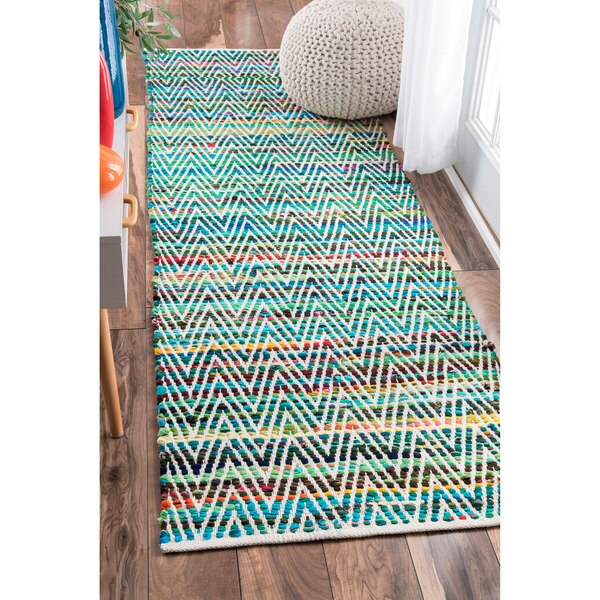 nuLOOM Handmade Flatweave Stiped Chevron Cotton Green Runner Rug (2'6 x