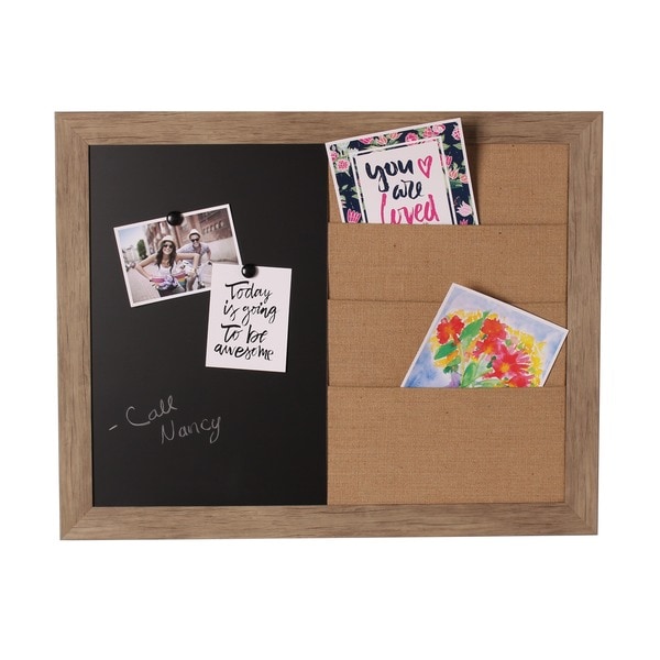 Beatrice Framed Combination Brown Magnetic Chalkboard and Burlap Pockets Board