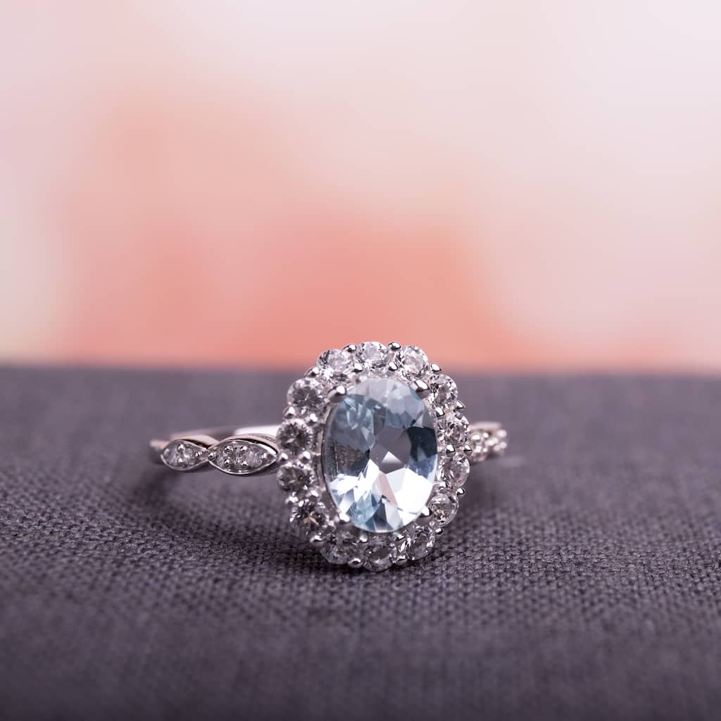 Miadora 14k White Gold Oval-cut Aquamarine White Topaz and Diamond Accent Halo Engagement Ring