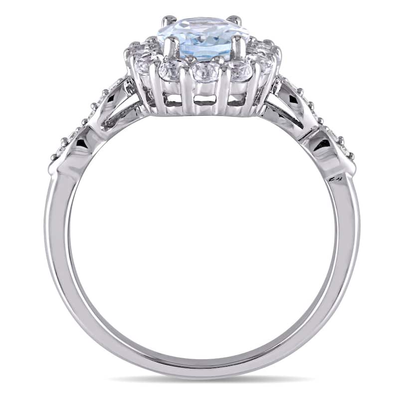 Miadora 14k White Gold Oval-cut Aquamarine White Topaz and Diamond Accent Halo Engagement Ring