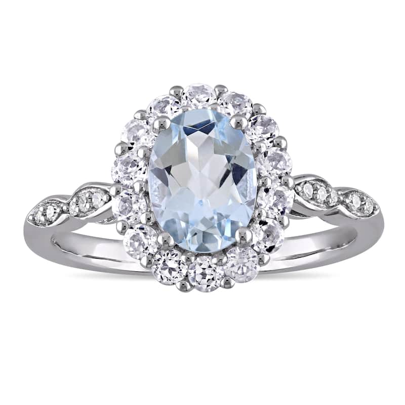 Miadora 14k White Gold Oval-cut Aquamarine White Topaz and Diamond Accent Halo Engagement Ring - 5