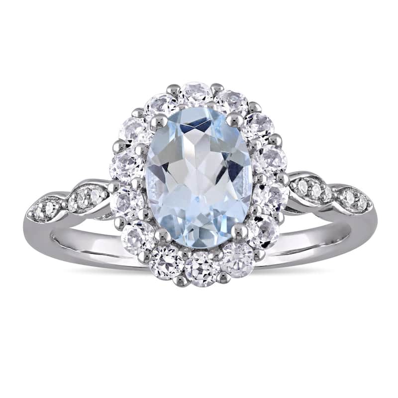 Miadora 14k White Gold Oval-cut Aquamarine White Topaz and Diamond Accent Halo Engagement Ring - 4