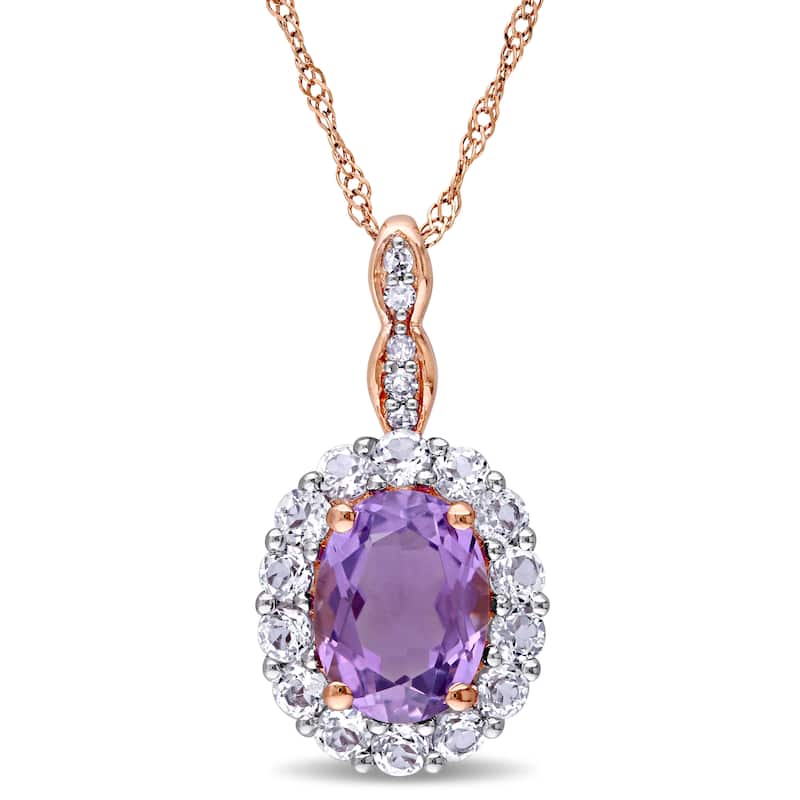 Miadora 14k Rose Gold Oval-cut Amethyst White Topaz and Diamond Accent Halo Necklace - Purple