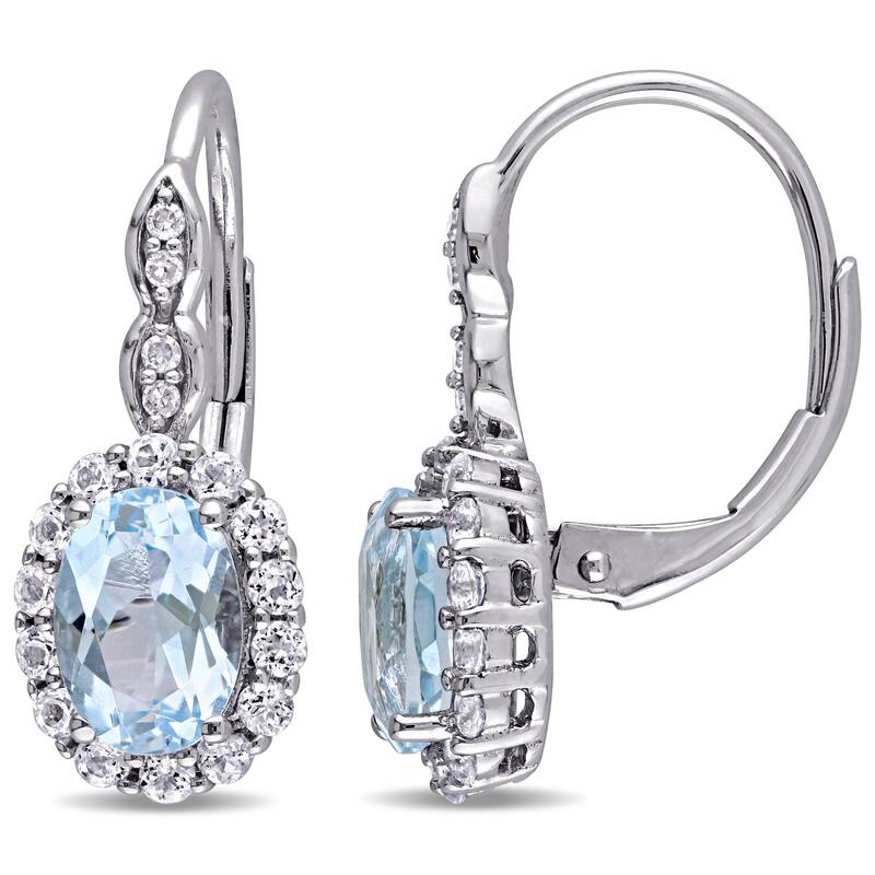 Miadora 14k White Gold Oval-cut Sky Blue Topaz White Topaz and Diamond Accent Halo Leverback Earrings