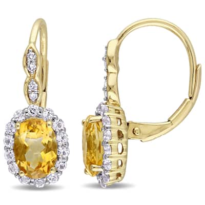 Miadora 14k Yellow Gold Oval-cut Citrine White Topaz and Diamond Accent Halo Leverback Earrings