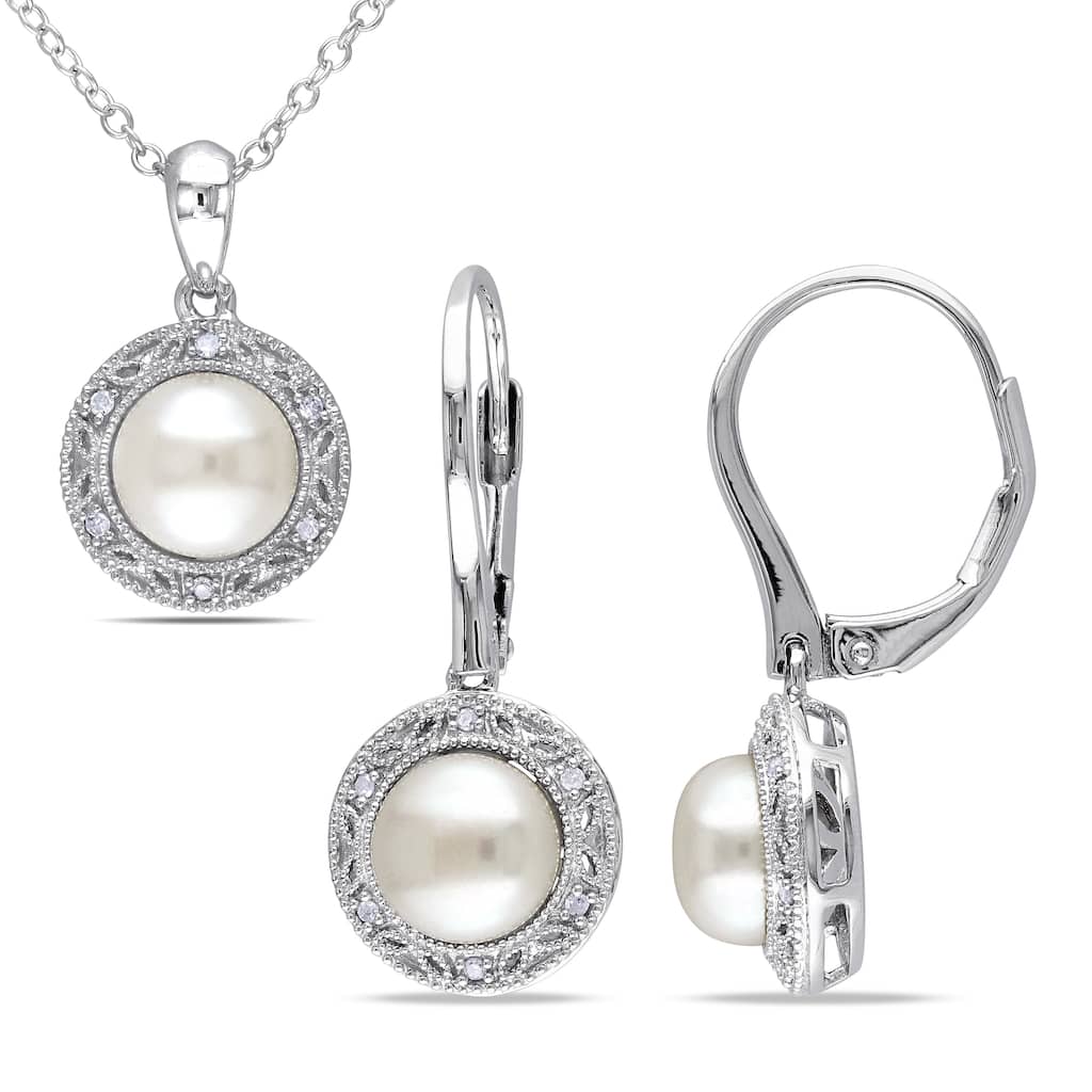 Miadora Sterling Silver Cultured Freshwater Pearl and 1/10ct TDW Diamond Halo Necklace and Earrings Set - White