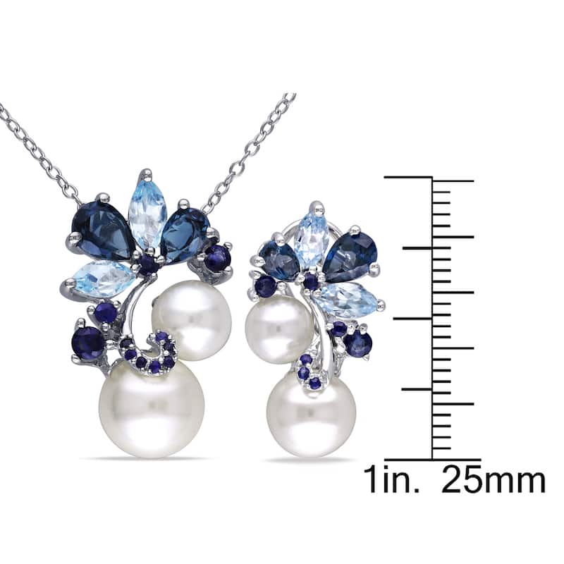 Miadora Sterling Silver Cultured Freshwater Pearl, Topaz and Sapphire Necklace and Earrings Set