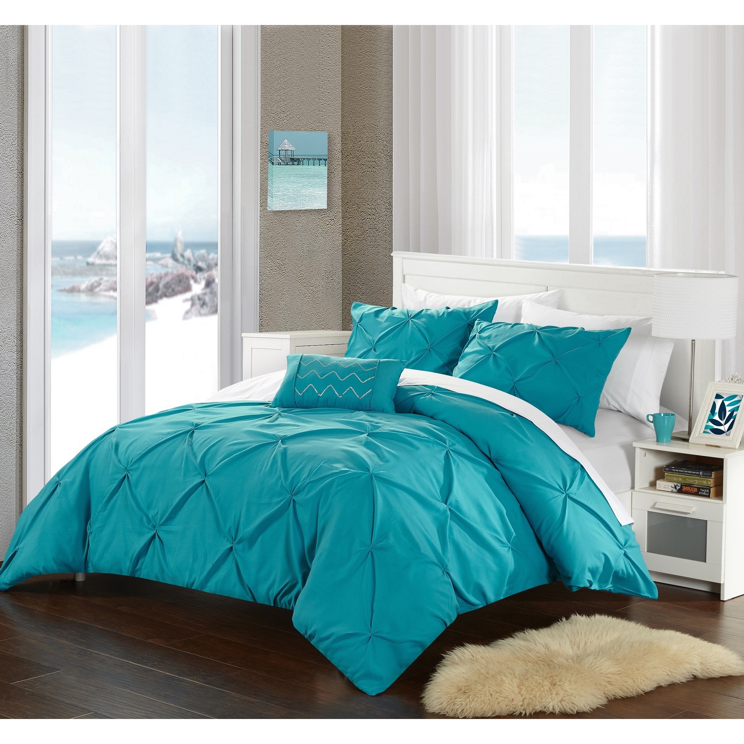 King Size Comforter Set 8-Pieces Geo Aqua Black Bed in a Bag Complete Bedding 