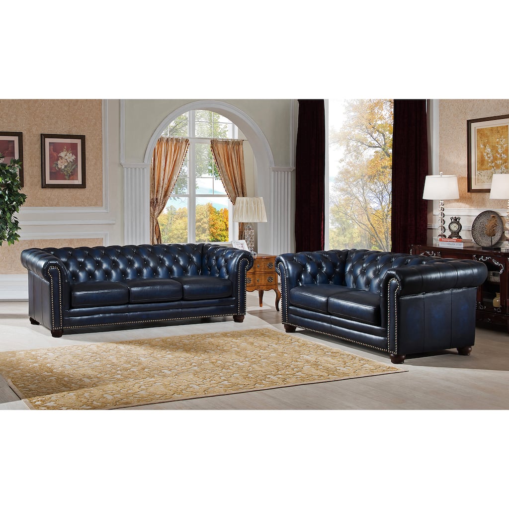 Nebraska Navy Blue Genuine Hand-Rubbed Leather Chesterfield Sofa and Loveseat Set