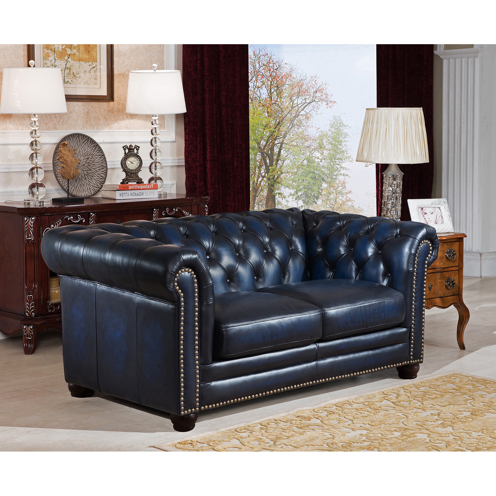 Nebraska Navy Blue Genuine Hand-Rubbed Leather Chesterfield Sofa and  Loveseat Set - Overstock - 12271168, image size:1897x1897