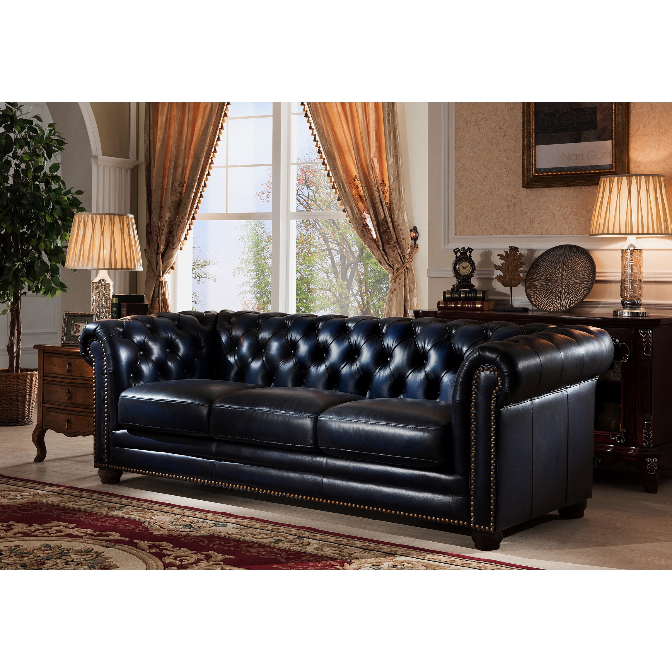 Nebraska Navy Blue Genuine Hand-Rubbed Leather Chesterfield Sofa and  Loveseat Set - Overstock - 12271168, image size:2294x2294