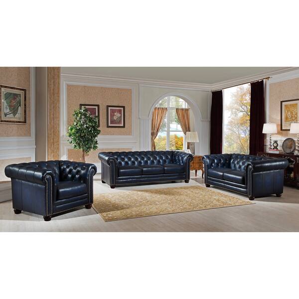 Shop Blue Hand Rubbed Genuine Leather Chesterfield Sofa