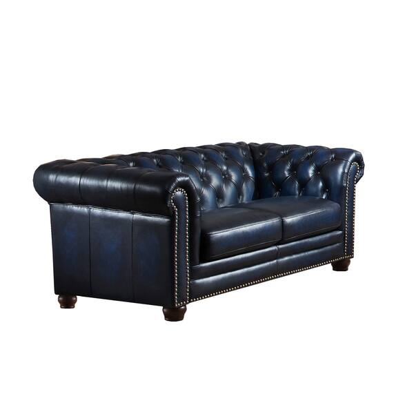 Shop Blue Hand Rubbed Genuine Leather Chesterfield Sofa Loveseat