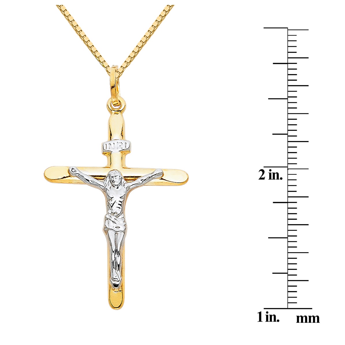 14K Two Tone Gold Religious Crucifix Charm Pendant with 0.8mm Box Chain Necklace