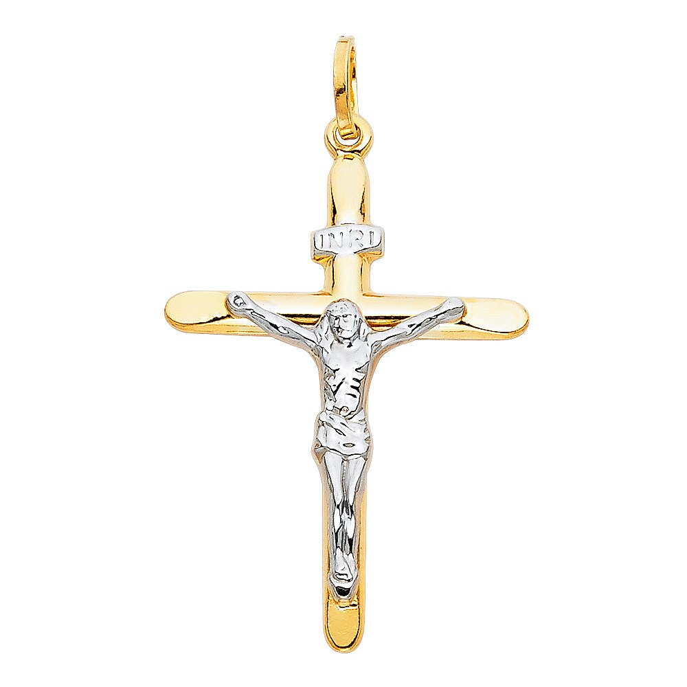 14K Yellow and white gold 2 tone Crucifix Cross Religious Pendant 