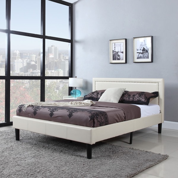 Deluxe Nailhead Trimmed Ivory Bonded Leather Platform Bed (As Is Item). Opens flyout.