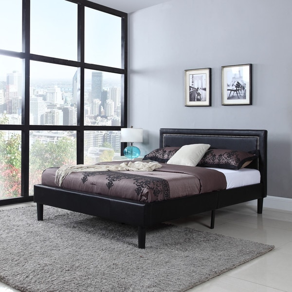 Deluxe Nailhead Trimmed Black Bonded Leather Platform Bed with Wooden Slats