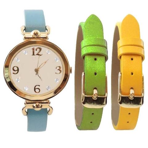 Women's 3-piece Interchangeable Watch Set with Clear Color MOP Dial Blue, Green, and Yellow Straps