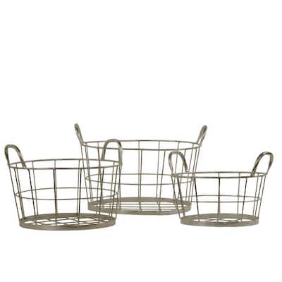 Taupe Finish Metal Round Nesting Wire Baskets with Metal Handles (Set of 3)
