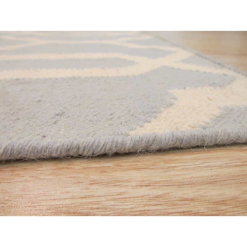Handmade Wool Blue Transitional Geometric Reversible Modern Moroccan Kilim Rug - 5' x 8'