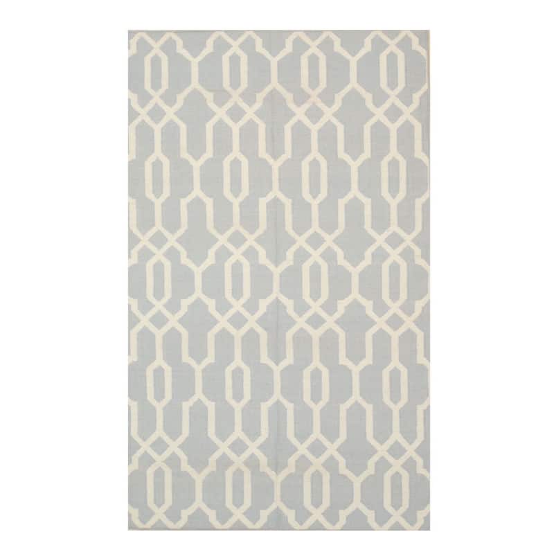 Handmade Wool Blue Transitional Geometric Reversible Modern Moroccan Kilim Rug - 5' x 8'