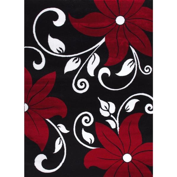 Persian Rugs Modern Floral Black White Red Area Rug - 7'10" x 10'6"
