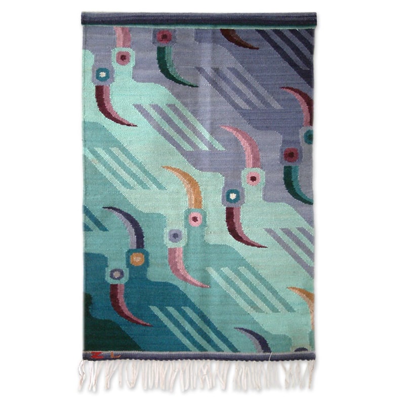 Handmade Wool 'Lilac Toucans' Turquoise Lilac Blue Tapestry (Peru)
