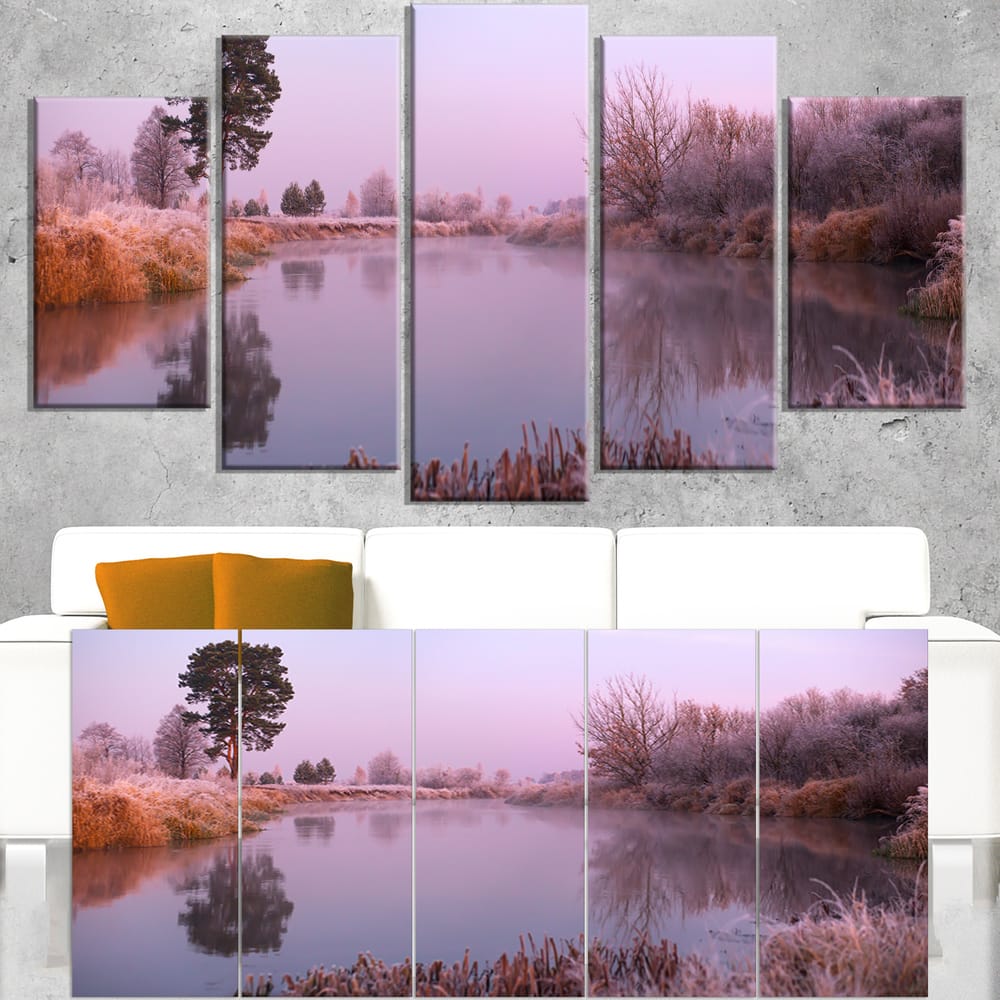 Misty Autumn Sunrise Over River - Landscape Print Wall Artwork - Yellow 