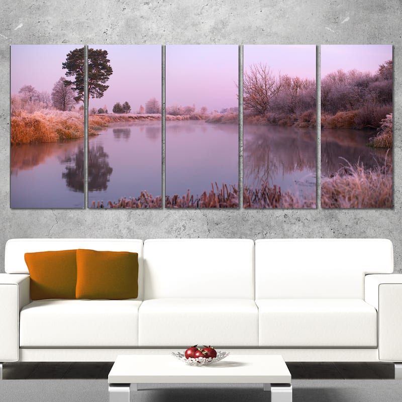 Misty Autumn Sunrise Over River - Landscape Print Wall Artwork - Yellow 