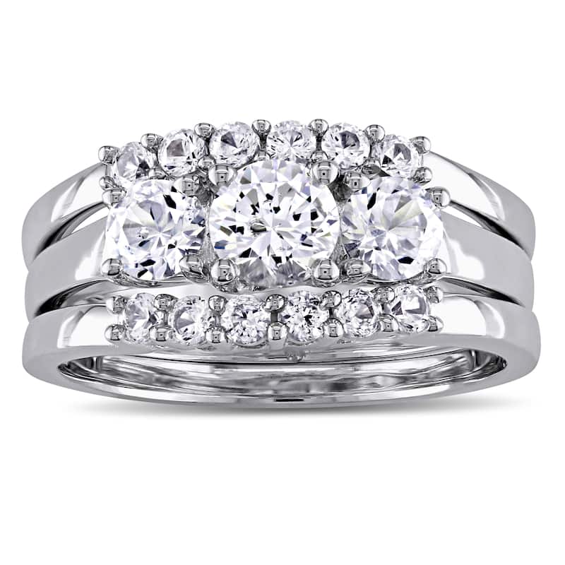 Miadora Signature Collection in 10k White Gold 1 3/4ct Created White Sapphire 3-Stone 3-Piece Bridal - 4