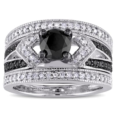 Miadora Sterling Silver 1 1/4ct TDW Black and White Diamond Split Shank 3-Piece Bridal Set