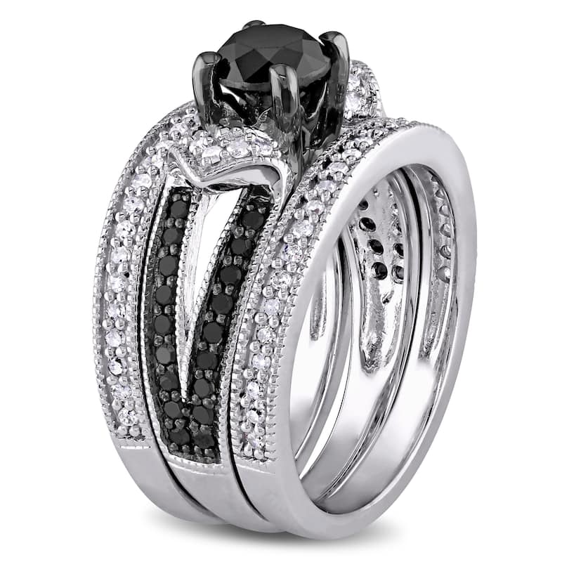 Miadora Sterling Silver 1 1/4ct TDW Black and White Diamond Split Shank 3-Piece Bridal Set