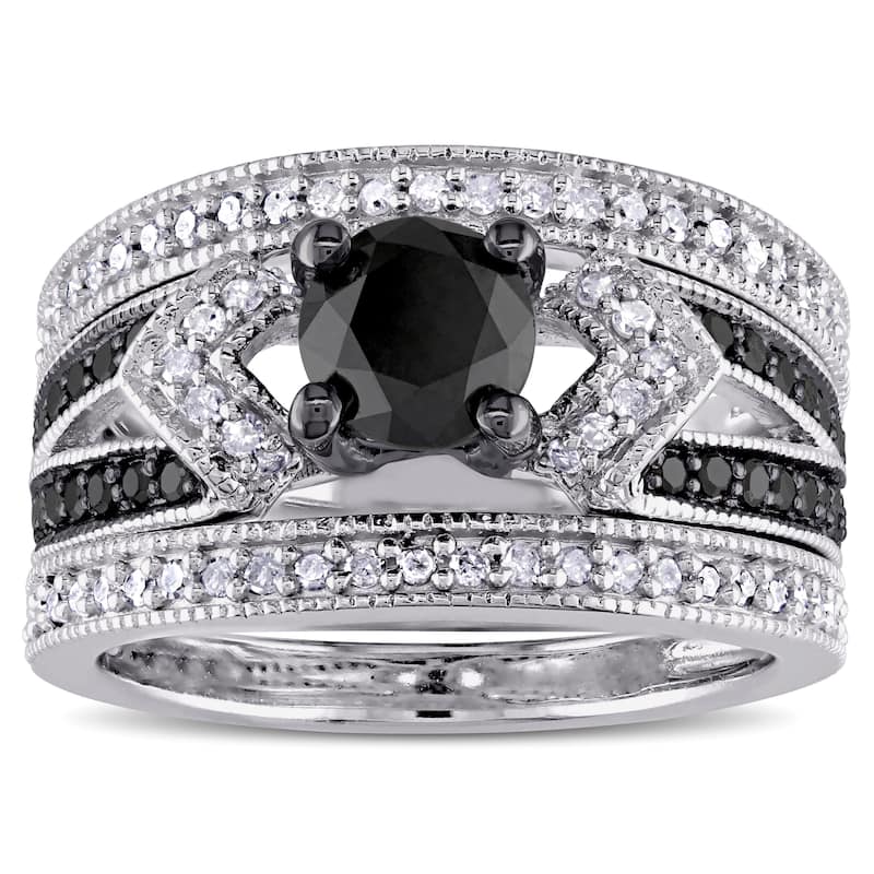 Miadora Sterling Silver 1 1/4ct TDW Black and White Diamond Split Shank 3-Piece Bridal Set - Colored Diamond/Modern/Wedding Ring Sets - 4.5