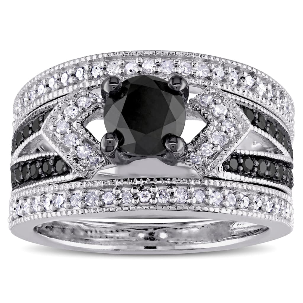 Miadora Sterling Silver 1 1/4ct TDW Black and White Diamond Split Shank 3-Piece Bridal Set