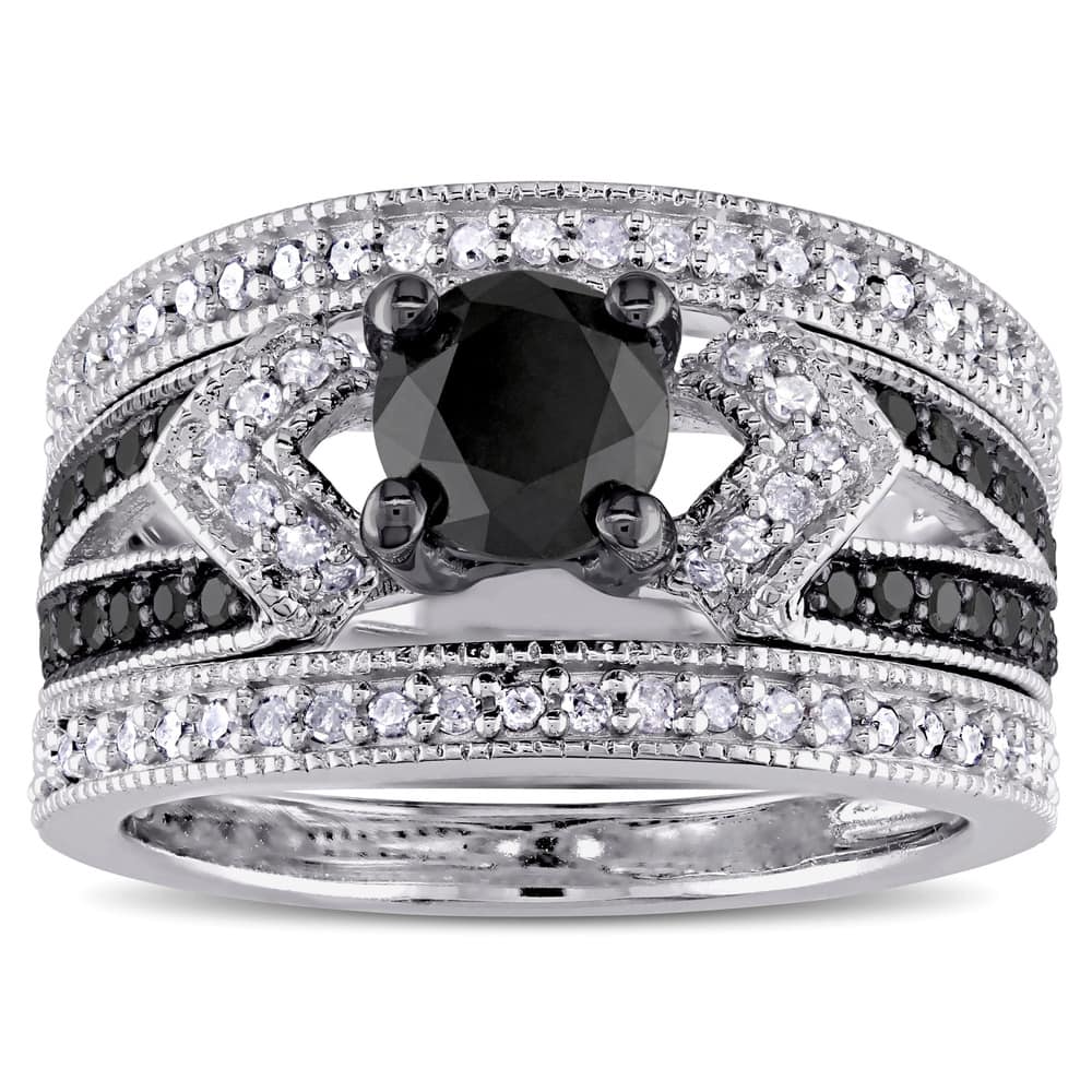 Miadora Sterling Silver 1 1/4ct TDW Black and White Diamond Split Shank 3-Piece Bridal Set
