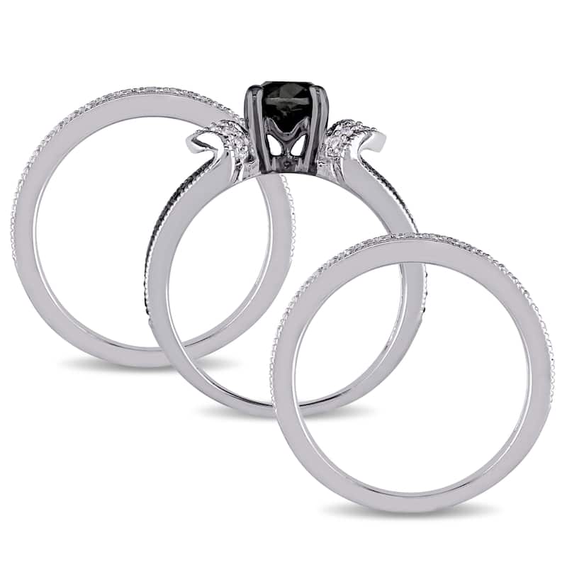 Miadora Sterling Silver 1 1/4ct TDW Black and White Diamond Split Shank 3-Piece Bridal Set