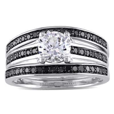 Miadora Sterling Silver with Black Rhodium 1/2ct TDW Black Diamond and Created White Sapphire Split Shank 3-Piece Bridal Set